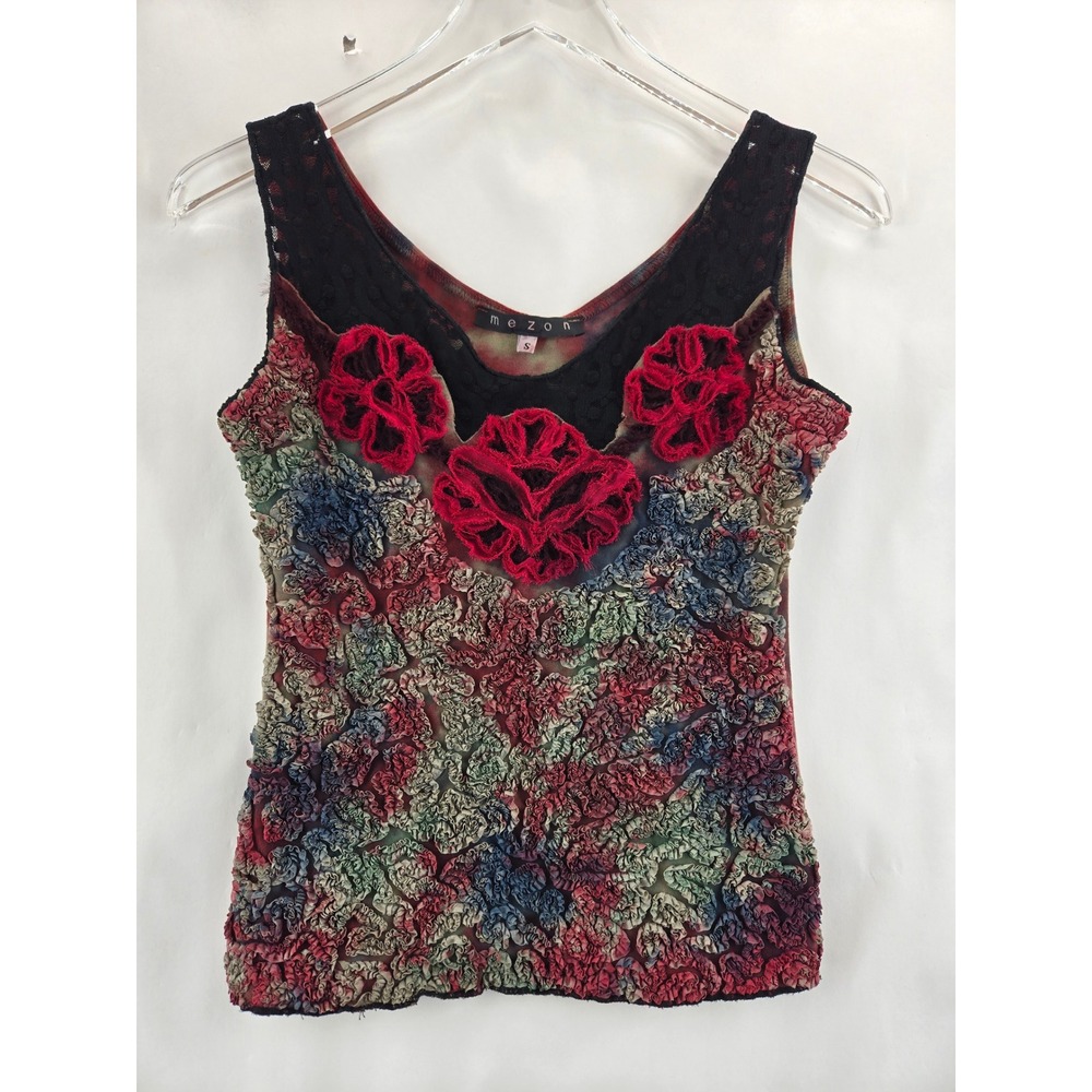 Mezon Womens Popcorn Texture Tie Dye Top Red Crochet Flower Lace Trim Small USA